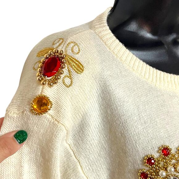 VINTAGE JEWELED HOLIDAY CHRISTMAS SWEATER 80s 90s BEADED CARDIGAN NINA AUSTIN S - Picture 6 of 8
